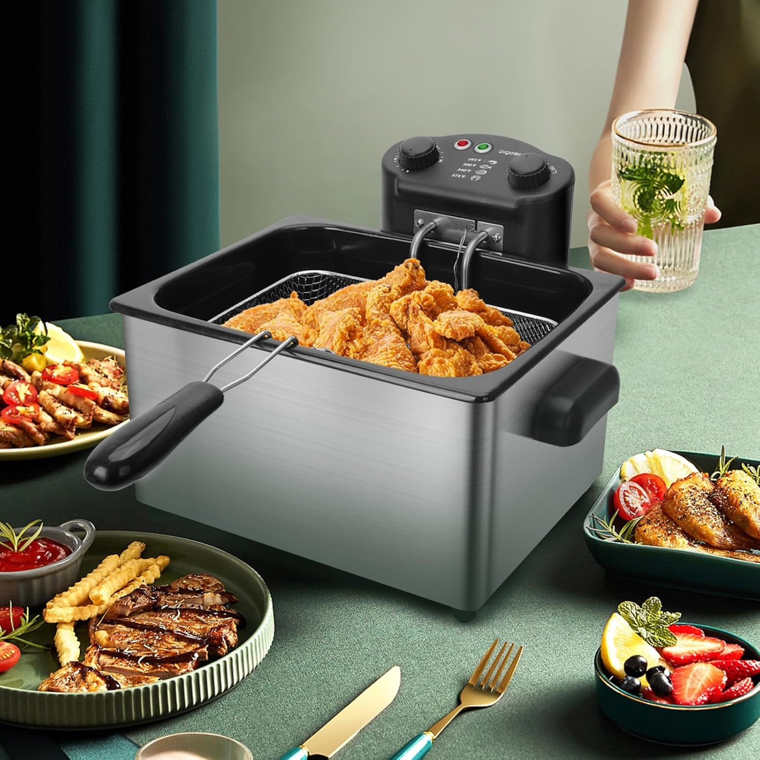 image:imageAigostar Deep Fryer with 3 Baskets and Lid Electric Deep Fat Fryers with Timer and Temperature 42Qt Oil Large Capacity1650W