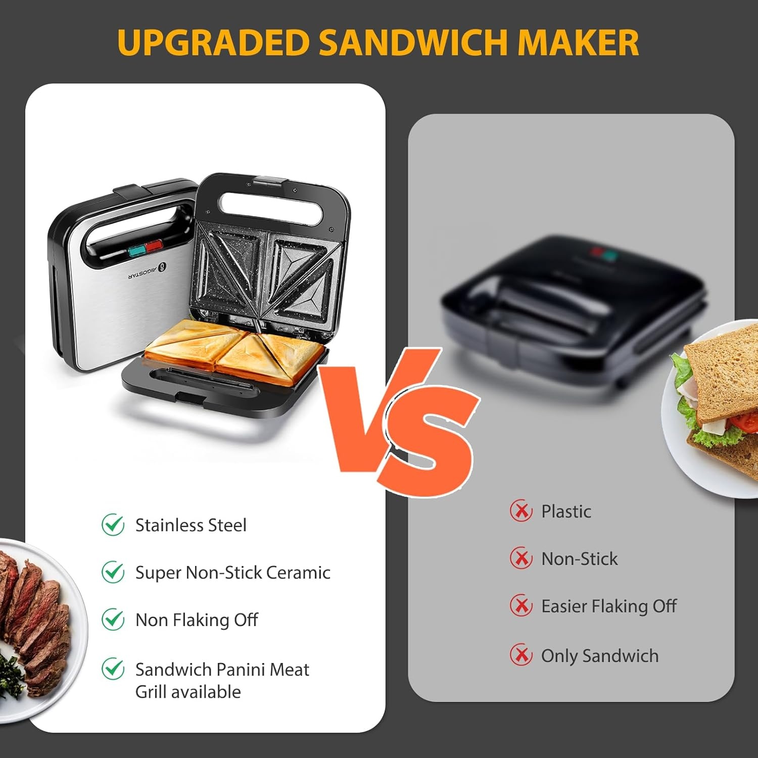 image:imageAigostar Sandwich Maker with Super Nonstick Ceramic Plates Panini Press Sandwich Toaster Breakfast Electric Grilled Cheese Maker Machine Tuna Melt Omelets Snacks Tostadora de Pan Stainless Steel