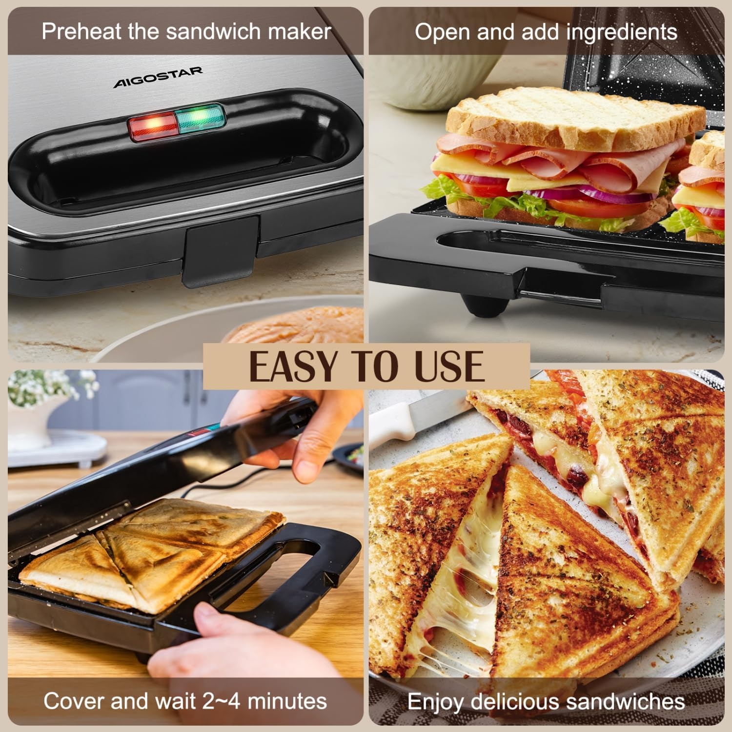 image:imageAigostar Sandwich Maker with Super Nonstick Ceramic Plates Panini Press Sandwich Toaster Breakfast Electric Grilled Cheese Maker Machine Tuna Melt Omelets Snacks Tostadora de Pan Stainless Steel