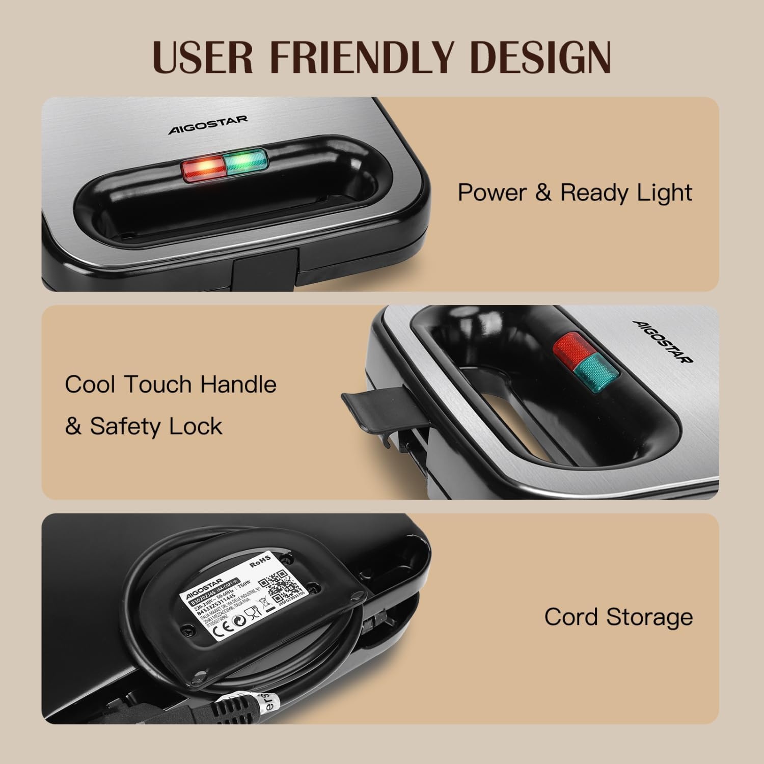 image:imageAigostar Sandwich Maker with Super Nonstick Ceramic Plates Panini Press Sandwich Toaster Breakfast Electric Grilled Cheese Maker Machine Tuna Melt Omelets Snacks Tostadora de Pan Stainless Steel