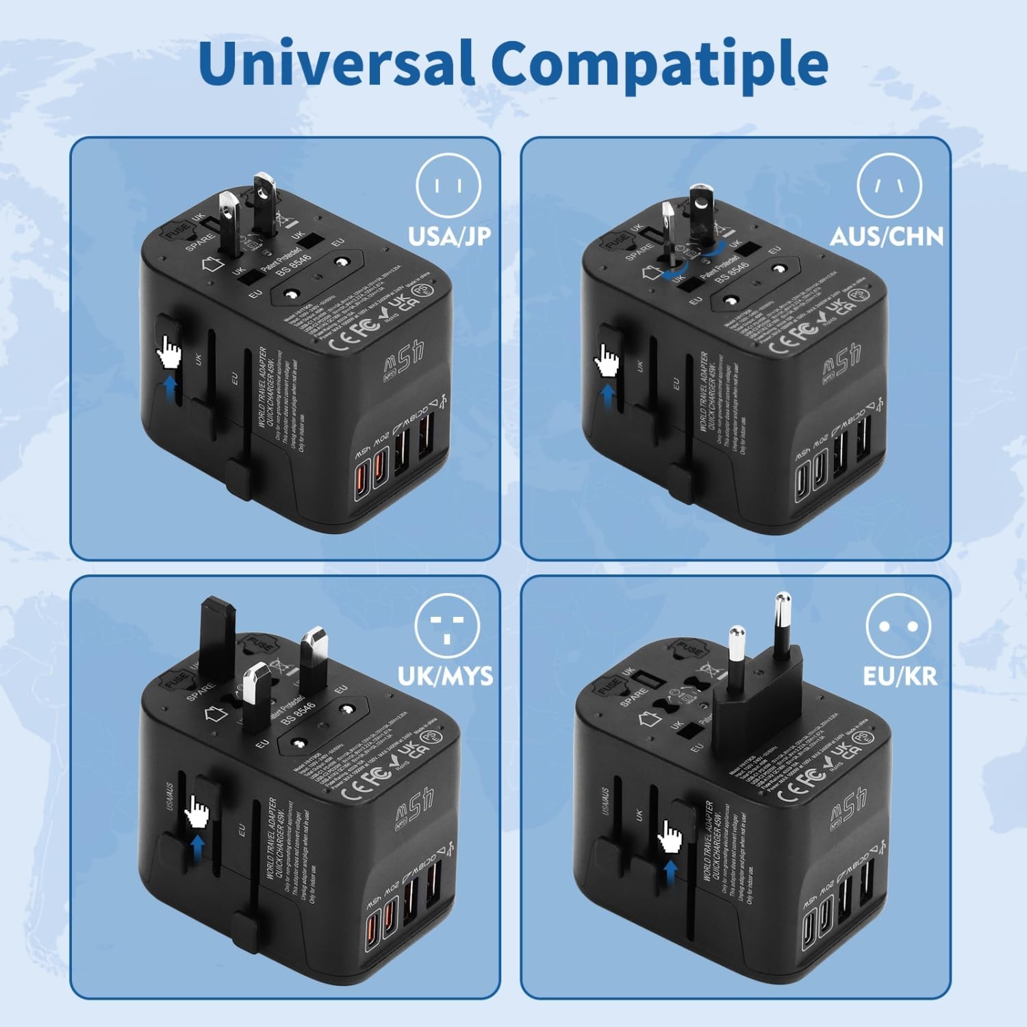 image:imageAigostar 5in1 Universal Travel Adapter GaN 45W Fast Charge International Plug Adapter with 2 TypeC amp 2 USBA Ports Worldwide Power Adaptor Wall Charger for EU US UK AUS CHN JP Travel BusinessBlack