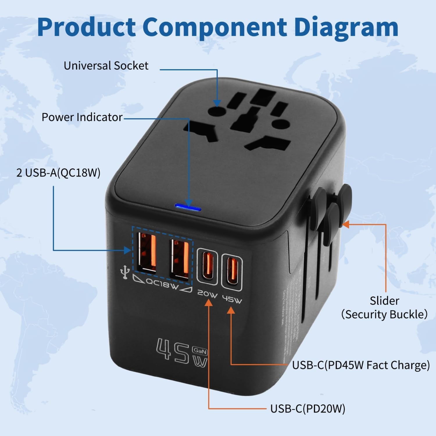 image:imageAigostar 5in1 Universal Travel Adapter GaN 45W Fast Charge International Plug Adapter with 2 TypeC amp 2 USBA Ports Worldwide Power Adaptor Wall Charger for EU US UK AUS CHN JP Travel BusinessBlack