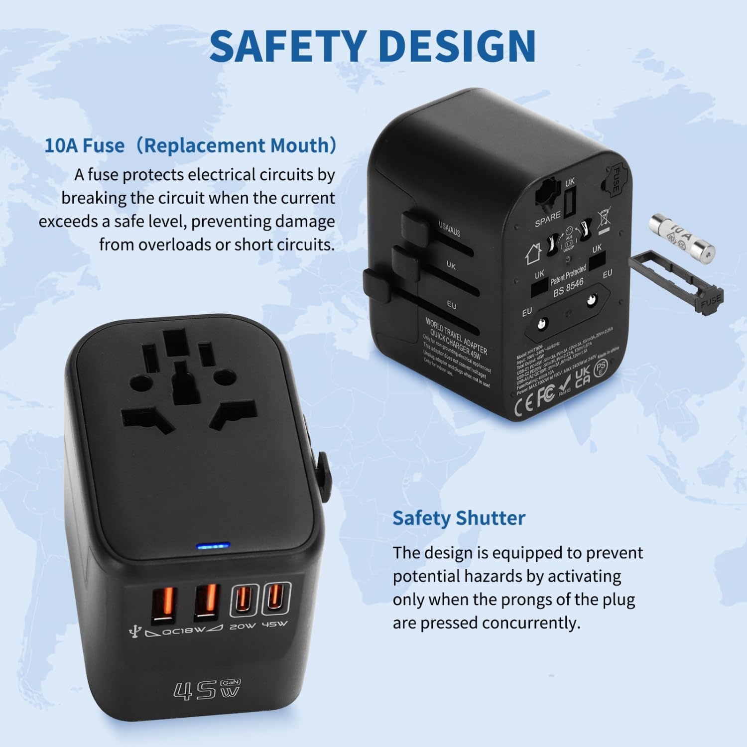 image:imageAigostar 5in1 Universal Travel Adapter GaN 45W Fast Charge International Plug Adapter with 2 TypeC amp 2 USBA Ports Worldwide Power Adaptor Wall Charger for EU US UK AUS CHN JP Travel BusinessBlack