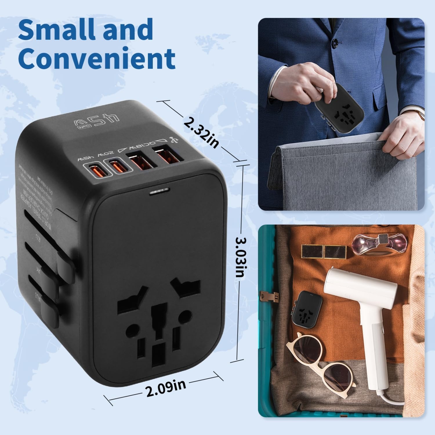 image:imageAigostar 5in1 Universal Travel Adapter GaN 45W Fast Charge International Plug Adapter with 2 TypeC amp 2 USBA Ports Worldwide Power Adaptor Wall Charger for EU US UK AUS CHN JP Travel BusinessBlack