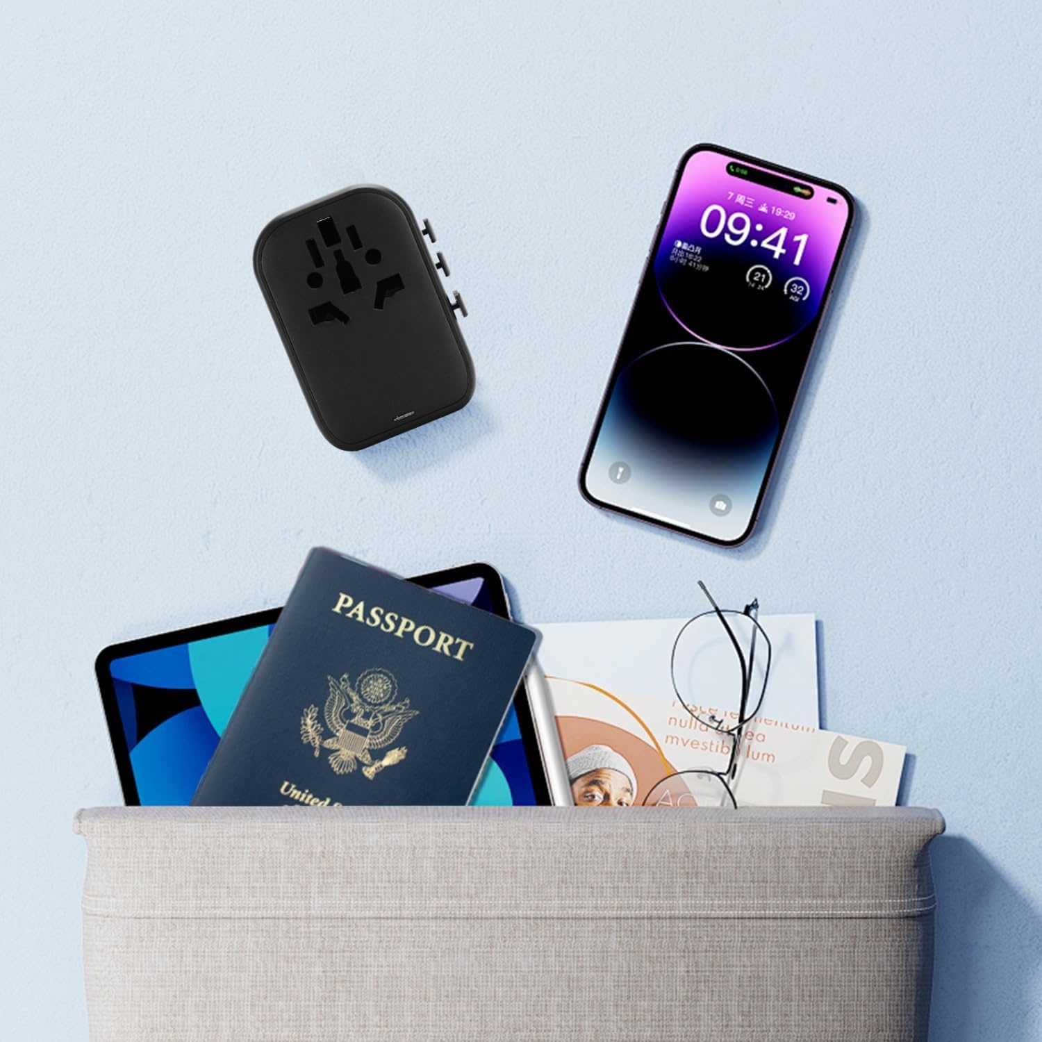 image:imageAigostar 5in1 Universal Travel Adapter GaN 45W Fast Charge International Plug Adapter with 2 TypeC amp 2 USBA Ports Worldwide Power Adaptor Wall Charger for EU US UK AUS CHN JP Travel BusinessBlack