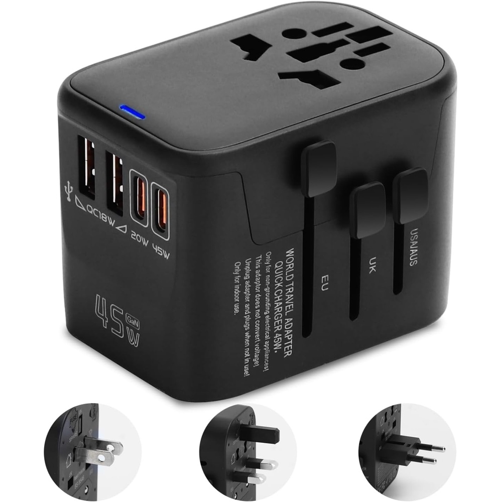 image:imageAigostar 5in1 Universal Travel Adapter GaN 45W Fast Charge International Plug Adapter with 2 TypeC amp 2 USBA Ports Worldwide Power Adaptor Wall Charger for EU US UK AUS CHN JP Travel BusinessBlack