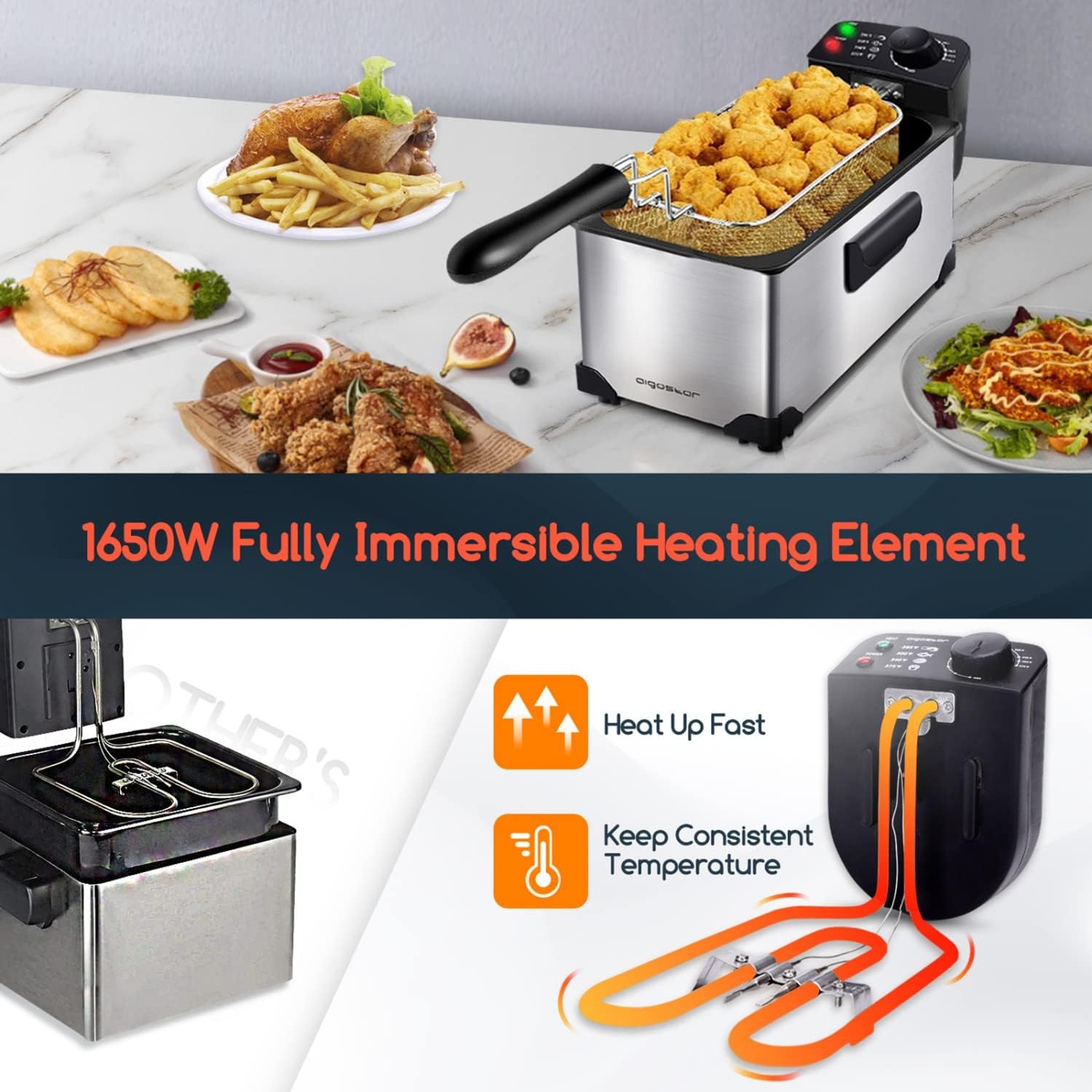 image:imageAigostar Deep Fryer Electric Deep Fat Fryers with Baskets 3 Liters Capacity Oil Frying Pot with View Window ETL Certificated 1650W Ushas
