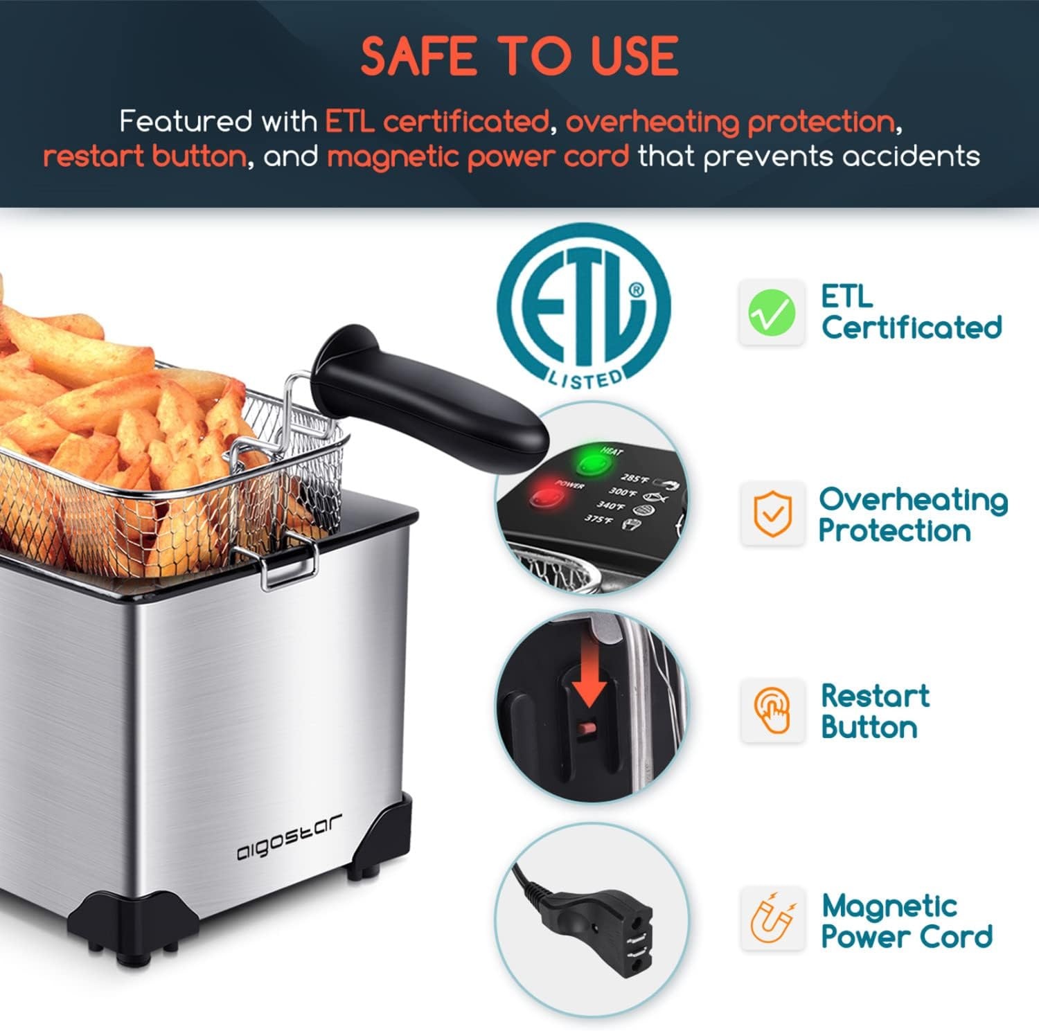 image:imageAigostar Deep Fryer Electric Deep Fat Fryers with Baskets 3 Liters Capacity Oil Frying Pot with View Window ETL Certificated 1650W Ushas