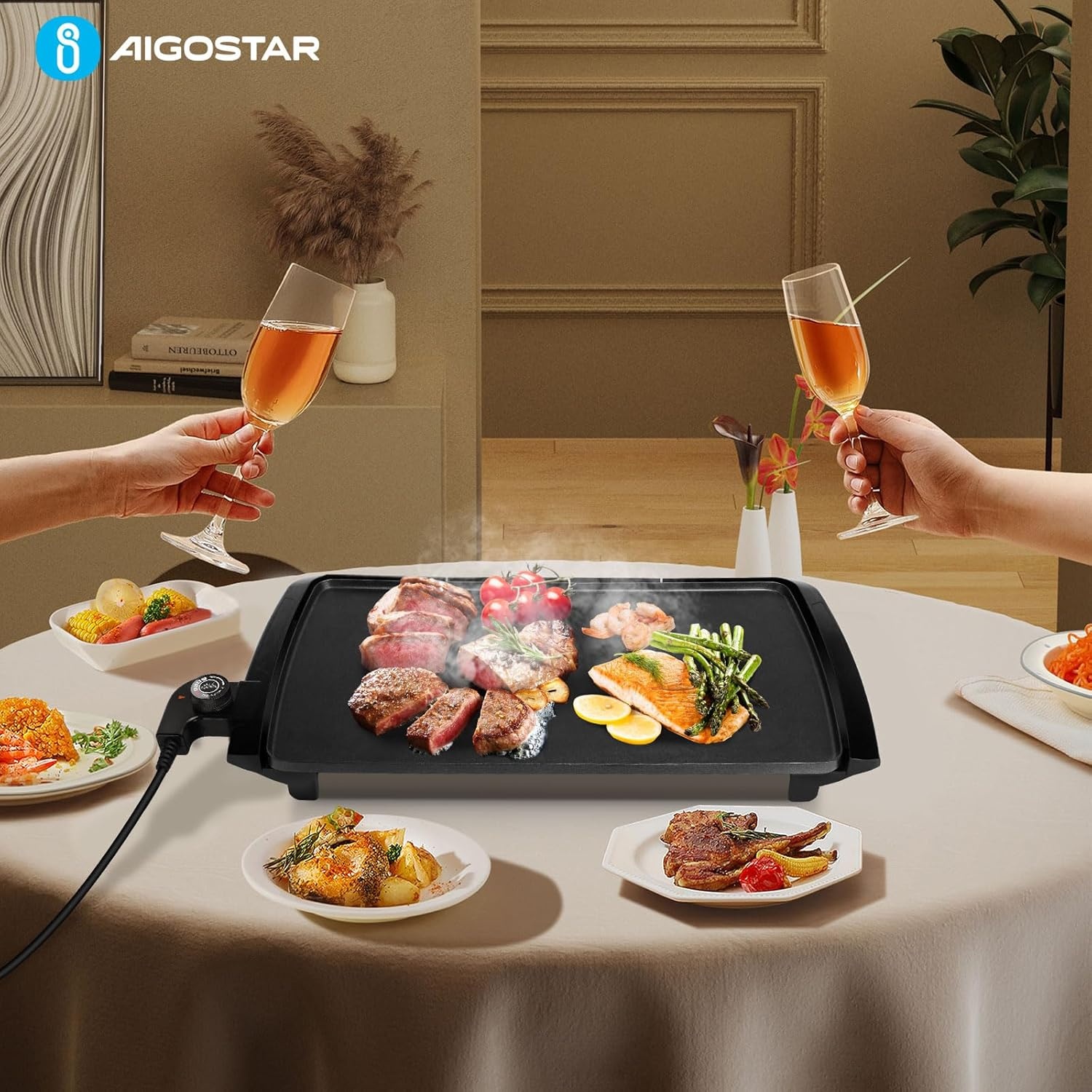 image:imageAigostar Electric Griddle Nonstick Extra Large 1500W Pancake Griddle Pan 8Serving Electric Indoor Grill 5Level Control with Adjustable Temperature amp Oil Drip Tray 20 x 10 FamilySized Black