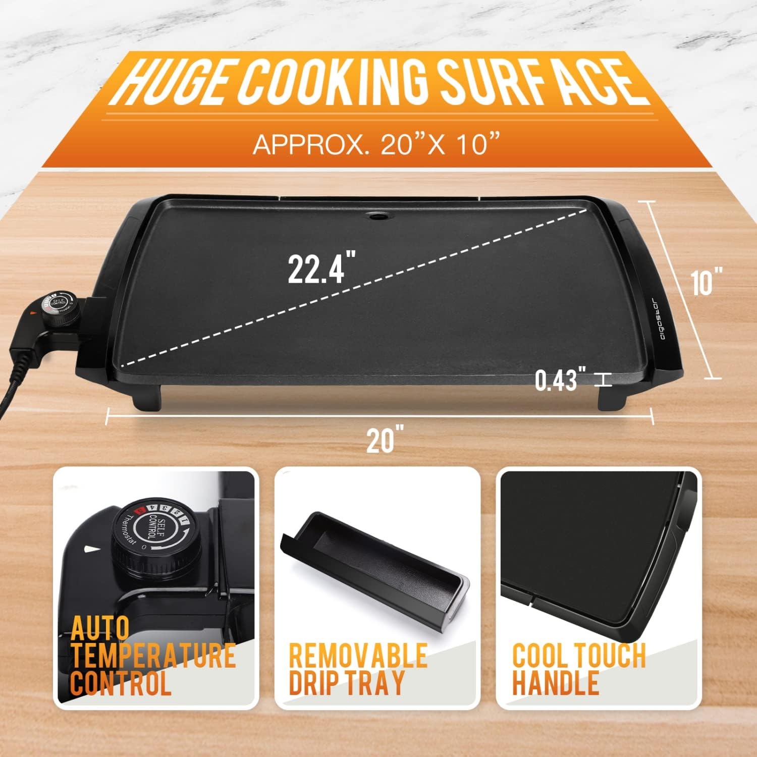 image:imageAigostar Electric Griddle Nonstick Extra Large 1500W Pancake Griddle Pan 8Serving Electric Indoor Grill 5Level Control with Adjustable Temperature amp Oil Drip Tray 20 x 10 FamilySized Black