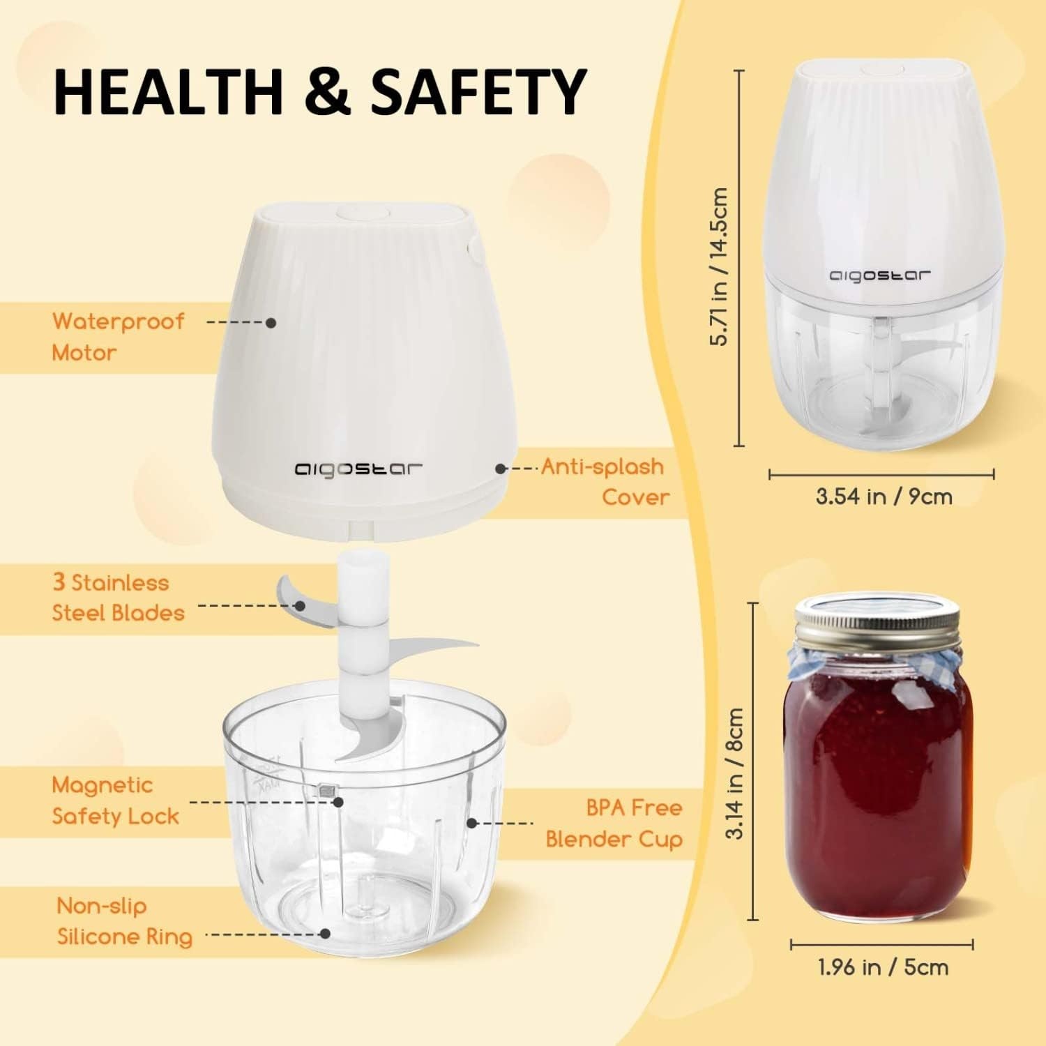 image:imageAigostar Electric Mini Garlic Chopper Cordless Mini Chopper Food Processor Portable Small Food Chopper Mini Garlic Chopper Blender for Onion Ginger Spice Meat Veggie Nuts Baby Food Puree 250ml