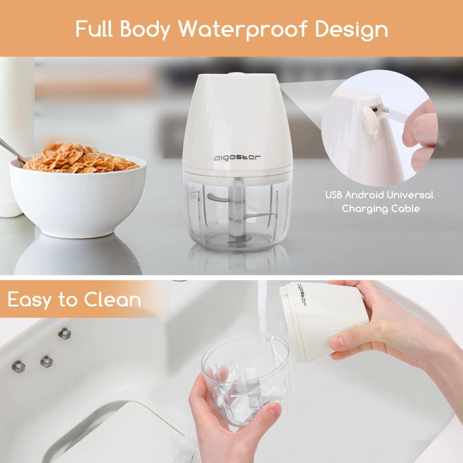 image:imageAigostar Electric Mini Garlic Chopper Cordless Mini Chopper Food Processor Portable Small Food Chopper Mini Garlic Chopper Blender for Onion Ginger Spice Meat Veggie Nuts Baby Food Puree 250ml