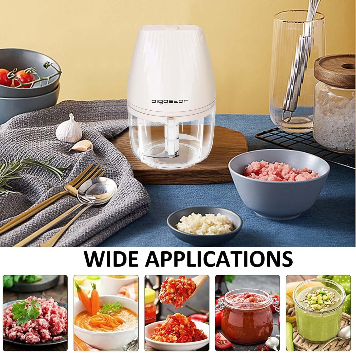 image:imageAigostar Electric Mini Garlic Chopper Cordless Mini Chopper Food Processor Portable Small Food Chopper Mini Garlic Chopper Blender for Onion Ginger Spice Meat Veggie Nuts Baby Food Puree 250ml
