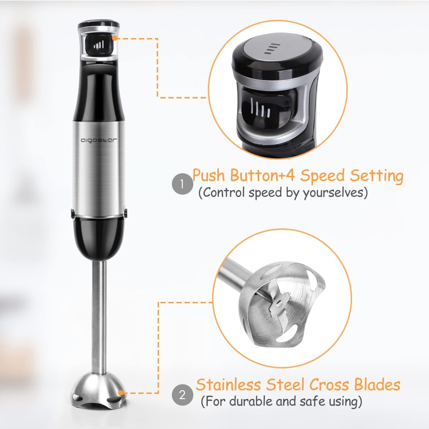 image:imageAigostar Immersion Blender 2 in 1 Hand Blender with 600ml Beaker Stainless Steel Handheld Stick Blender for Smoothies Baby Food Puree Soup BPA Free UL Certificated