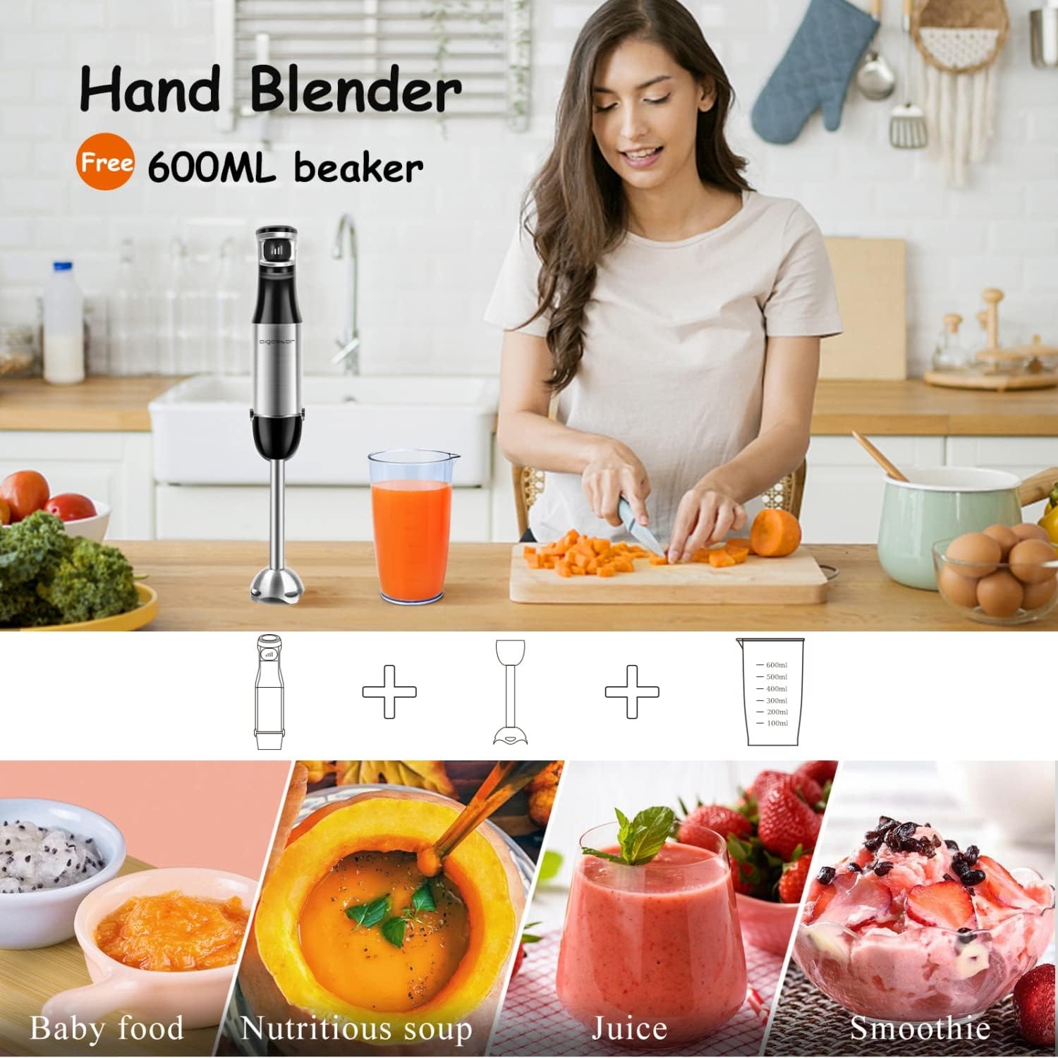 image:imageAigostar Immersion Blender 2 in 1 Hand Blender with 600ml Beaker Stainless Steel Handheld Stick Blender for Smoothies Baby Food Puree Soup BPA Free UL Certificated
