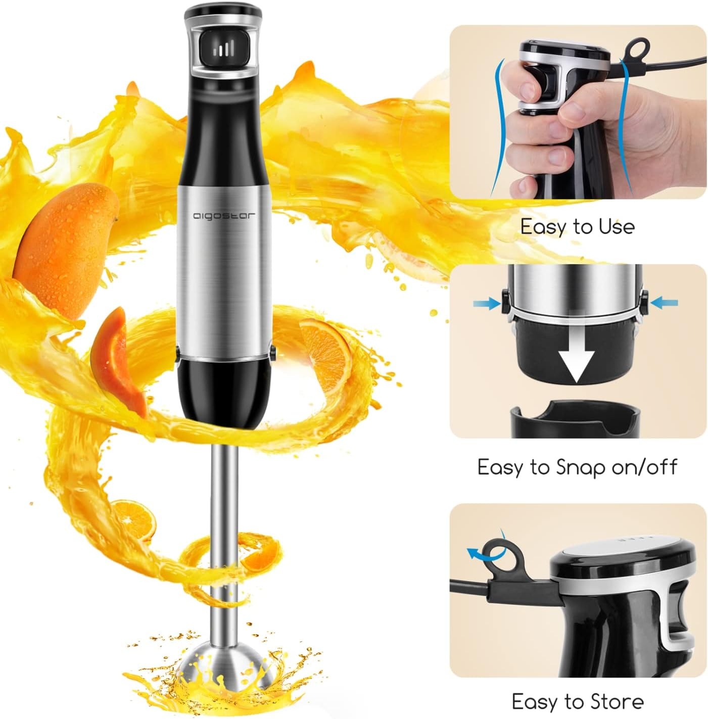 image:imageAigostar Immersion Blender 2 in 1 Hand Blender with 600ml Beaker Stainless Steel Handheld Stick Blender for Smoothies Baby Food Puree Soup BPA Free UL Certificated